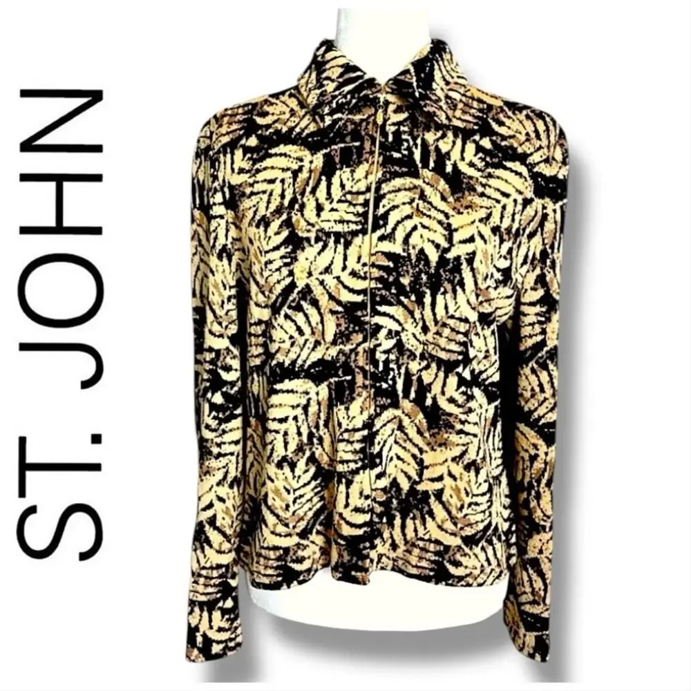 St. JOHN COLLECTION  tan & Black Leaf print Zip Front Cardigan Size 6